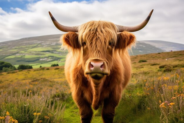 Een hooglandkoe Schotland in een groen veld