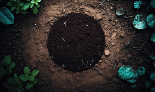 Een hoop aarde met een plant erin en de woorden "compost" op de bodem.