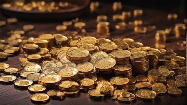 Een hoop gouden munten bovenop een tafel.