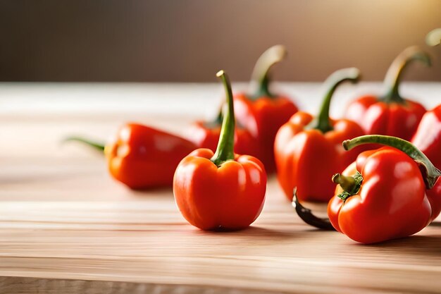 Een hoop rode paprika's op een houten snijplank.