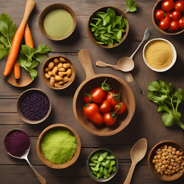 een hoop verschillende groenten staan op een tafel met een lepel en een lepel