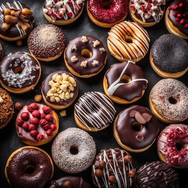 een hoop verschillende soorten donuts op een tafel