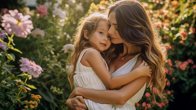 Foto een horizontaal banner met een moeder en dochter in een zomerbloementuin