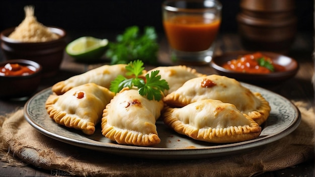 Een horizontaal uitzicht op een bord in rustieke stijl met traditionele empanadas en saus