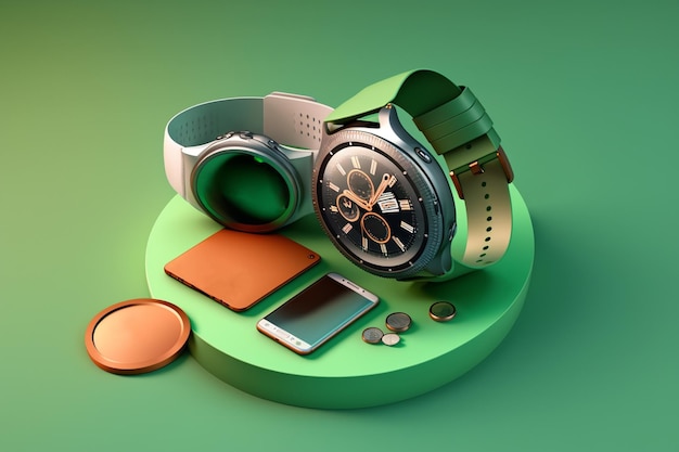 Een horloge met een groene wijzerplaat en een groen horloge op tafel.