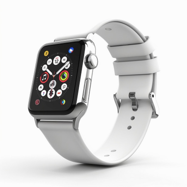 een horloge met een zwart gezicht en een wit horlogekop met een rode en gele knop