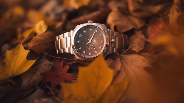 Een horloge op een stapel herfstbladeren