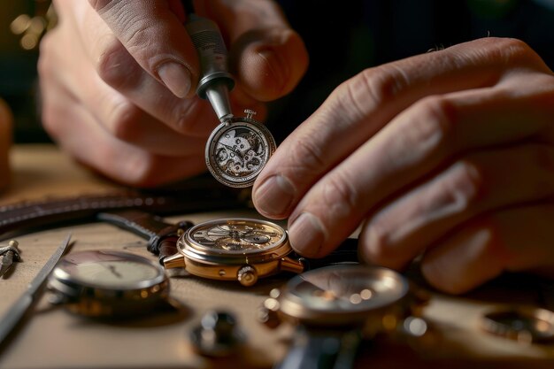 Foto een horlogemaker die een vintage horloge herstelt met nadruk op precisie en vakmanschap