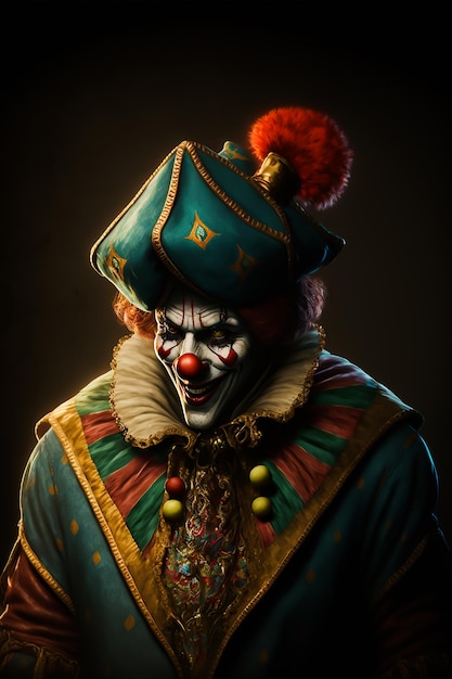Een Horror Classic-clown in vintage kostuumpak en gezichtsmake-up en griezelige glimlach