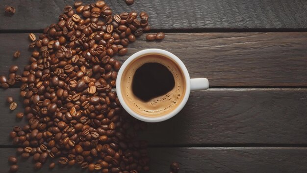 Een hot espresso met bruine koffiezaden op het bruine houten koffiekopje.