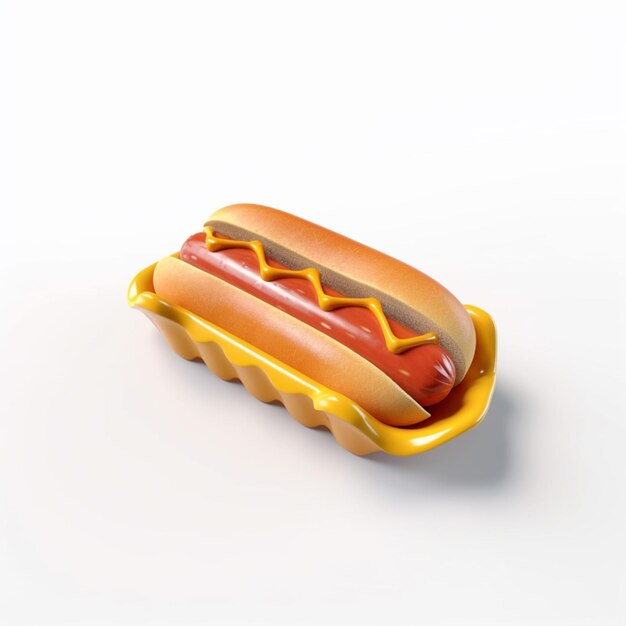 Een hotdog in een gele container met een mosterd deksel.
