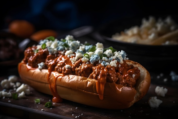 Een hotdog met blauwe kaas erop