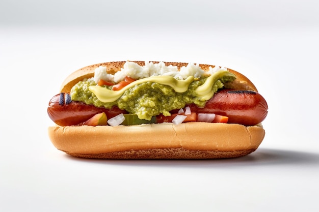 Een hotdog met guacamole erop