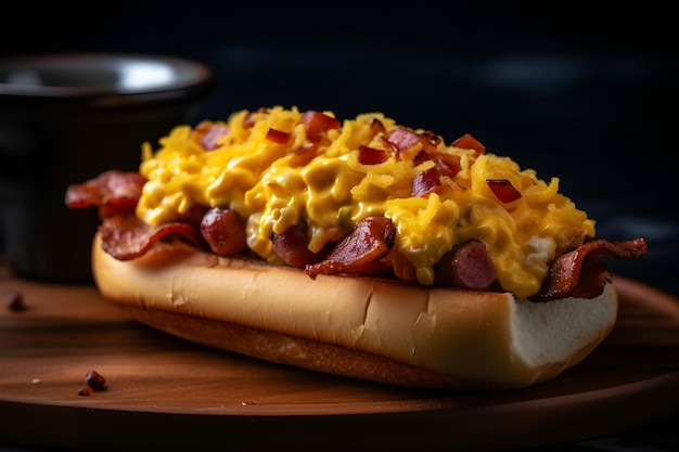 Een hotdog met kaas en chili erop