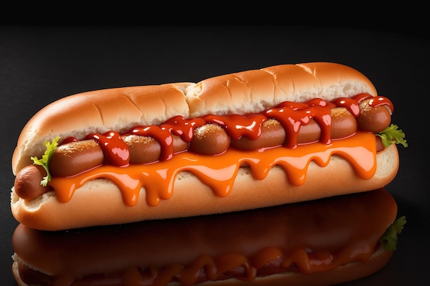 Een hotdog met ketchup en ketchup erop