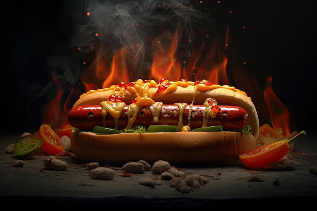 Een hotdog met ketchup en mosterd erop voor een vuur.
