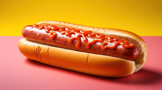 Een hotdog met ketchup en mosterd op een rode achtergrond.