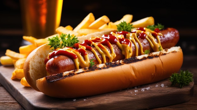 Een hotdog met ketchup en mosterd op tafel.