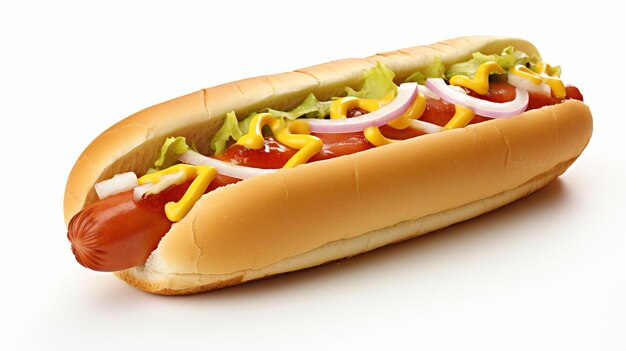 Foto een hotdog met ketchup en uien erop.