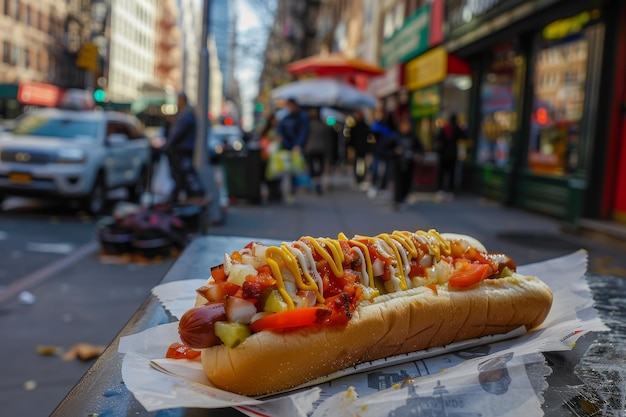 Foto een hotdog met mosterd en chili op een broodje zit op een rode