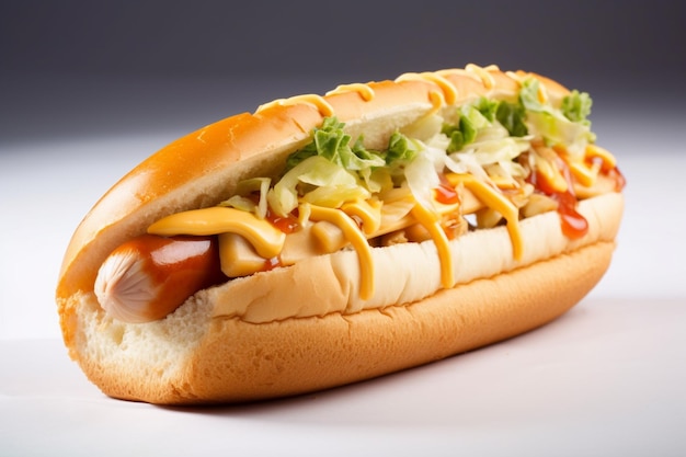 Een hotdog met mosterd en sla erop