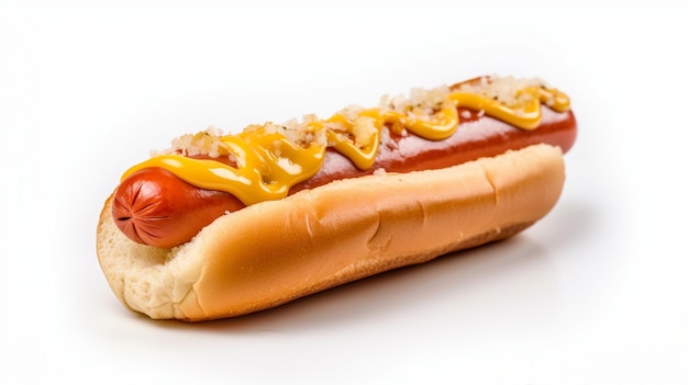 Een hotdog met mosterd en uien op een witte achtergrond.