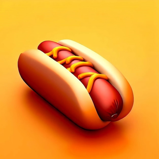 Een hotdog met mosterd erop staat op een gele achtergrond.