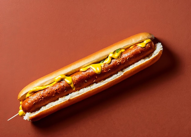 Een hotdog met mosterd op een rode achtergrond