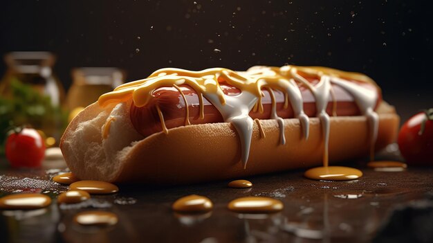 Een hotdog met veel saus erop