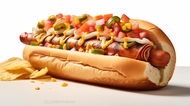 Een hotdog met veel toppings erop