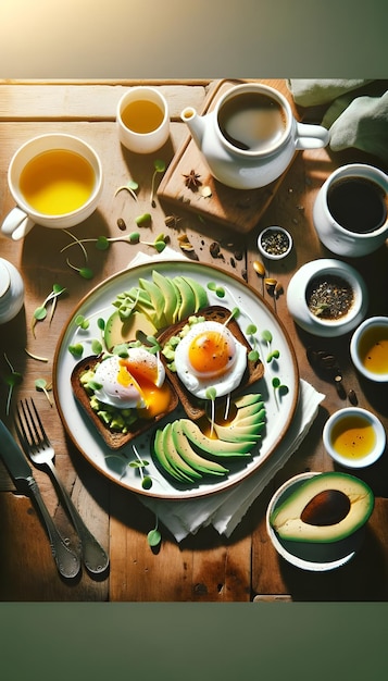 Een houten achtergrond toont een avocado toast met een gepocheerd ei