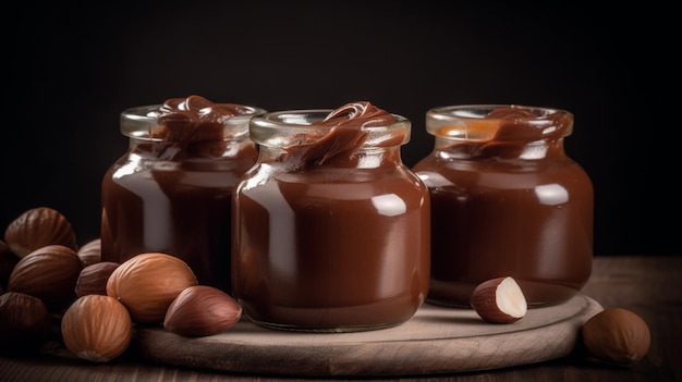 Een houten bakje chocolade pindakaassaus met een paar hazelnoten erop