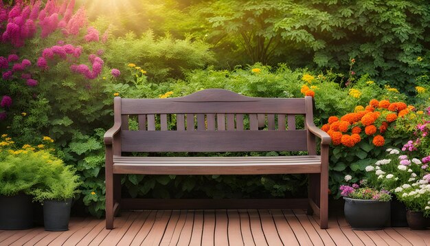 een houten bank met bloemen en een zon erachter