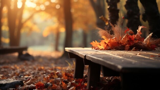 Een houten bank zit in een park omringd door gevallen bladeren in de herfst