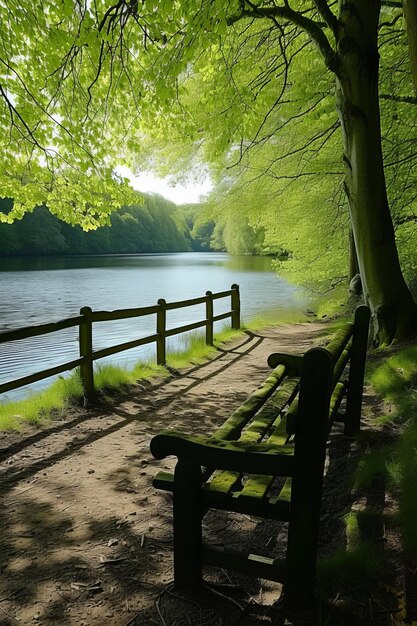 Foto een houten bank zit op een modderpad naast een meer op een zonnige dag