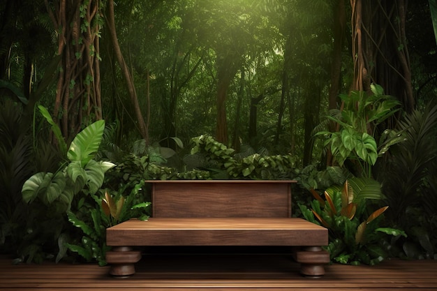 Een houten bankje in een jungle met een jungle achtergrond