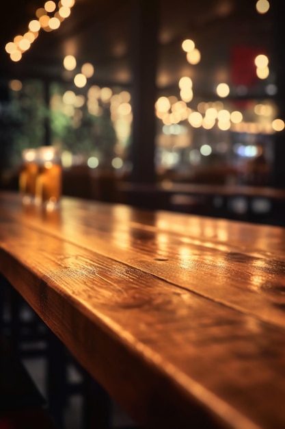 Een houten bar met een glas bier op de achtergrond