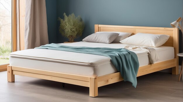 Een houten bedframe met wit beddengoed en een bruine deken