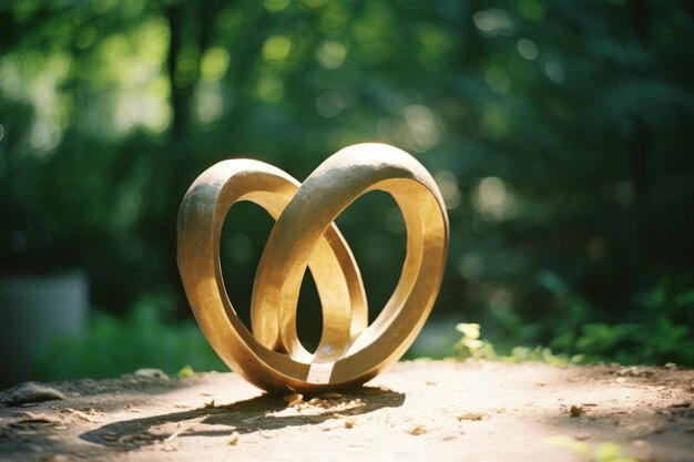 Foto een houten beeld van twee met elkaar verweven ringen op de grond