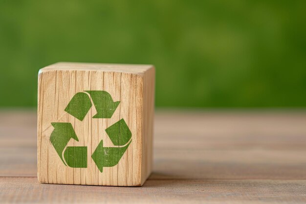 een houten blok met een groen recyclingsymbool