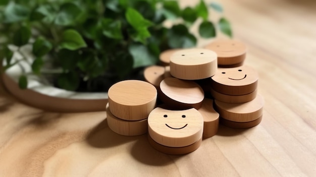 Foto een houten bloklabel met een vrolijke glimlach, ontspannen gezicht, goede feedback van de klant, werelddag voor geestelijke gezondheid