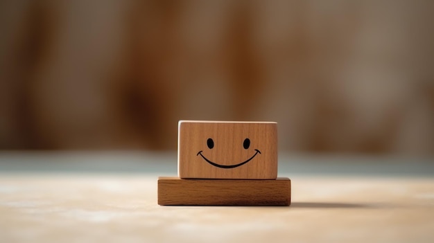Foto een houten bloklabel met een vrolijke glimlach, ontspannen gezicht, goede feedback van de klant, werelddag voor geestelijke gezondheid