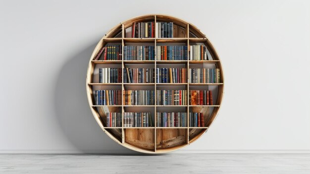 Een houten boekenplank vol met verschillende boeken van verschillende kleuren en maten