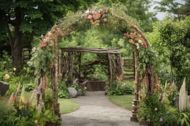 Een houten boog versierd met kleurrijke bloemen en groen