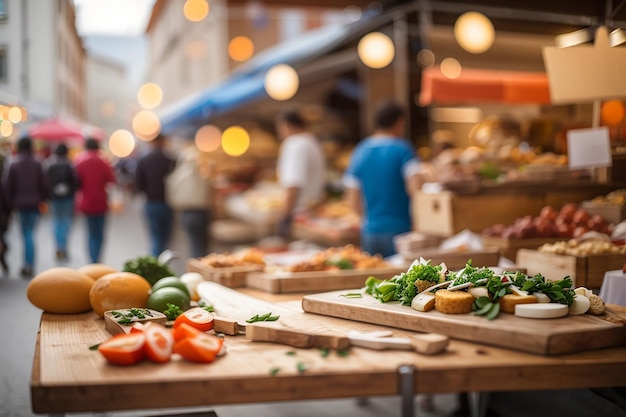 Foto een houten bord in een afgebroken straatvoedselmarkt