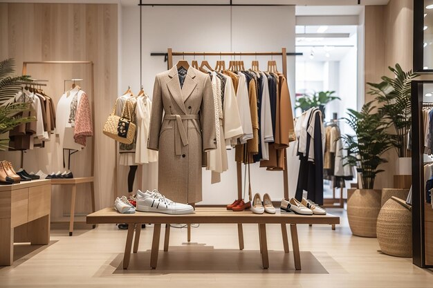 Een houten bord in een modeboetiek met stijlvolle kleding en accessoires