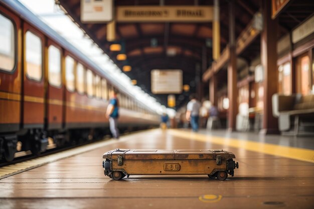 Foto een houten bord in een vintage treinstation met een defocused trein travel gear