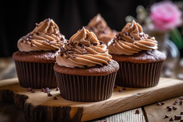 Een houten bord met cupcakes erop