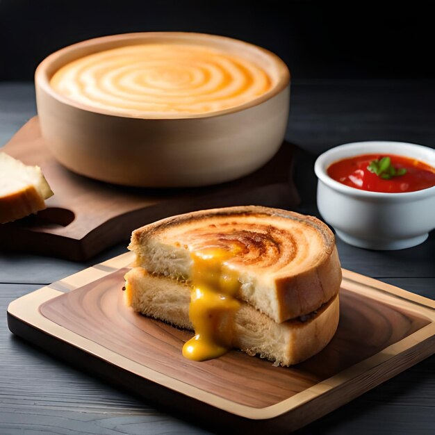 Een houten bord met daarop een stuk brood met daarop een bakje tomatensaus.