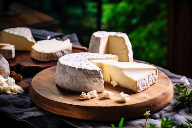 Een houten bord met daarop kaas op een tafel